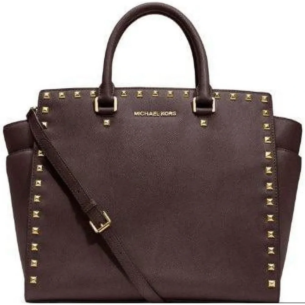 EUC~Michael Kors Selma North South Large Stud Satchel Coffee Brown Handbag.